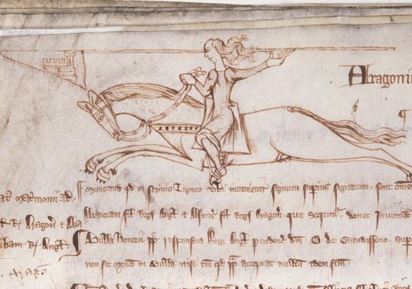 Illustration from the Liber Memoranda Camerarii, a book cataloguing the delivery of deeds of title, jewels, and other items received into or delivered out of the Treasury of the Exchequer.