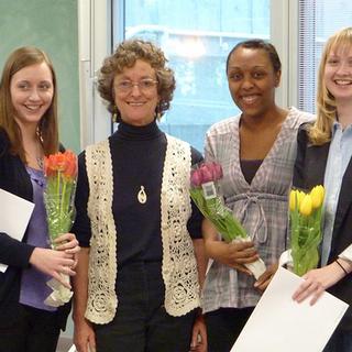 Drum roll - the winners! And our winners are Nicole (l), Shakira and Sarah. Dr Gay Frederick, Chair, made the presentations (second from left). 