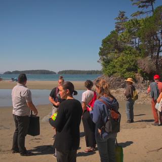 Image gallery pop-up of a group of people standing on the beach while the tide is out on a sunny day.